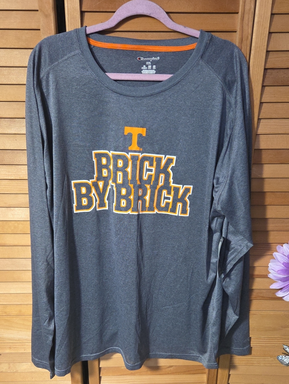 Champion Men’s Gray Long-Sleeve Tee with Orange 'Brick by Brick' Graphic
